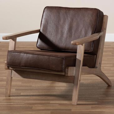 Baxton Studio Sigrid Arm Chair in Dark Brown Leather/Antique Oak, , large