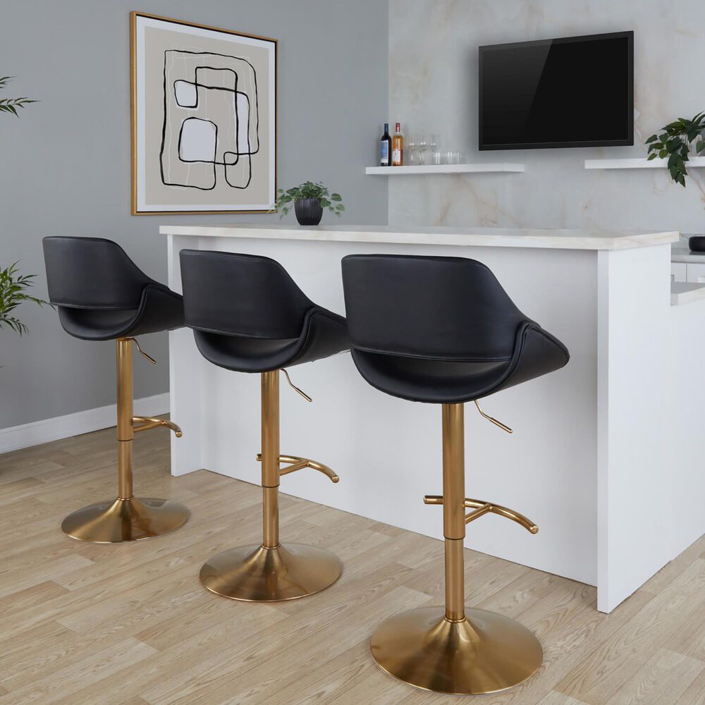 LumiSource Fabrico Swivel Adjustable Bar Stool with Black Faux Leather Upholstery and Rounded T Footrest in Gold (Set of 2), , large