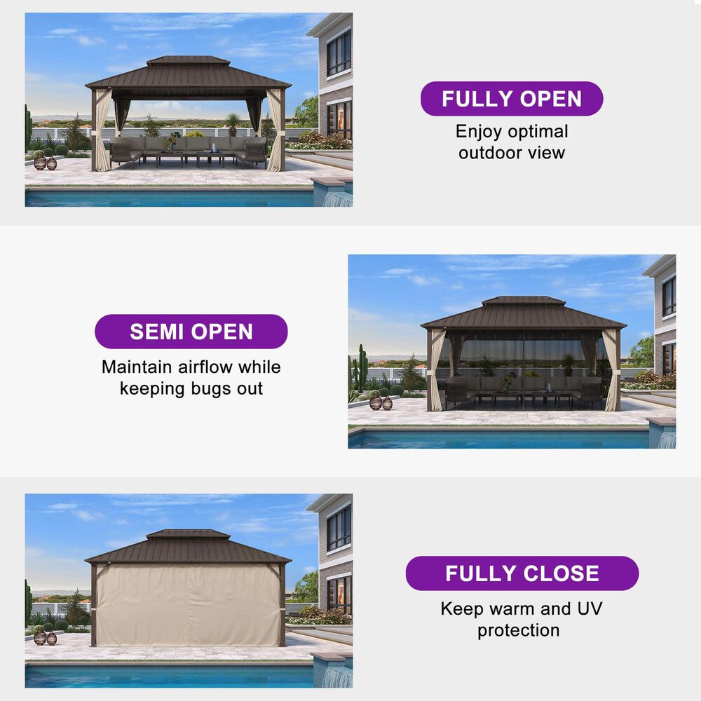 HOMLUX 12' x 16' Outdoor Hardtop Gazebo with Galvanized Steel Roof, Aluminum Frame, Curtains &amp; Netting in Brown, , large