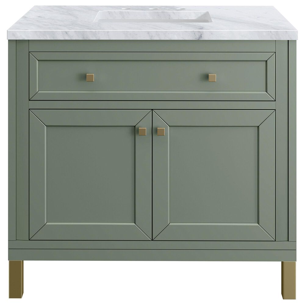 James Martin Vanities Chicago 36" Single Bathroom Vanity in Smokey Celadon with 3 cm Carrara White Marble Top and Rectangular Sink, , large