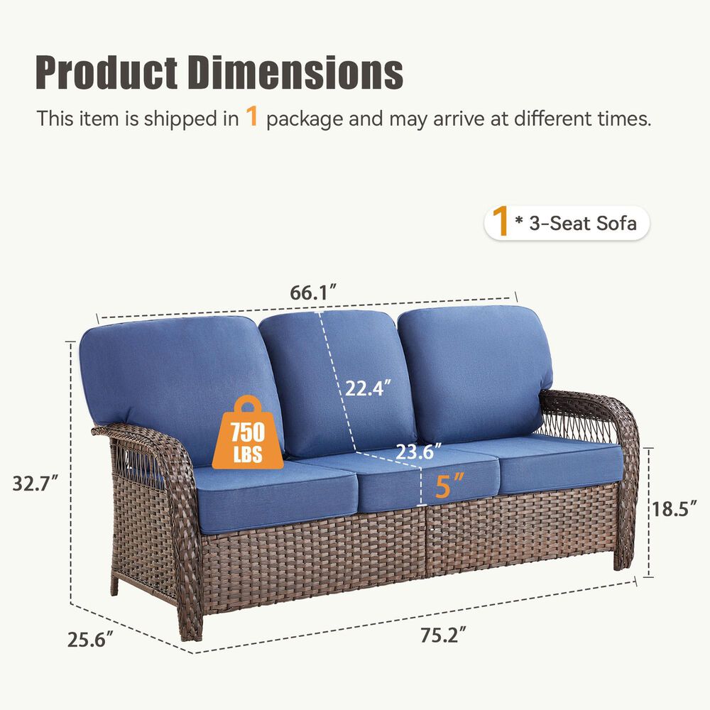 Hearth and Haven Outdoor Sofa with T-back Cushions and Brown Wicker in Blue, , large