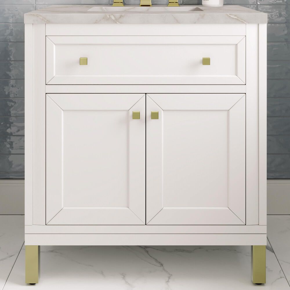 James Martin Vanities Chicago 30&quot; Single Bathroom Vanity in Glossy White with 3 cm Victorian Silver Quartz Top and Rectangular Sink, , large
