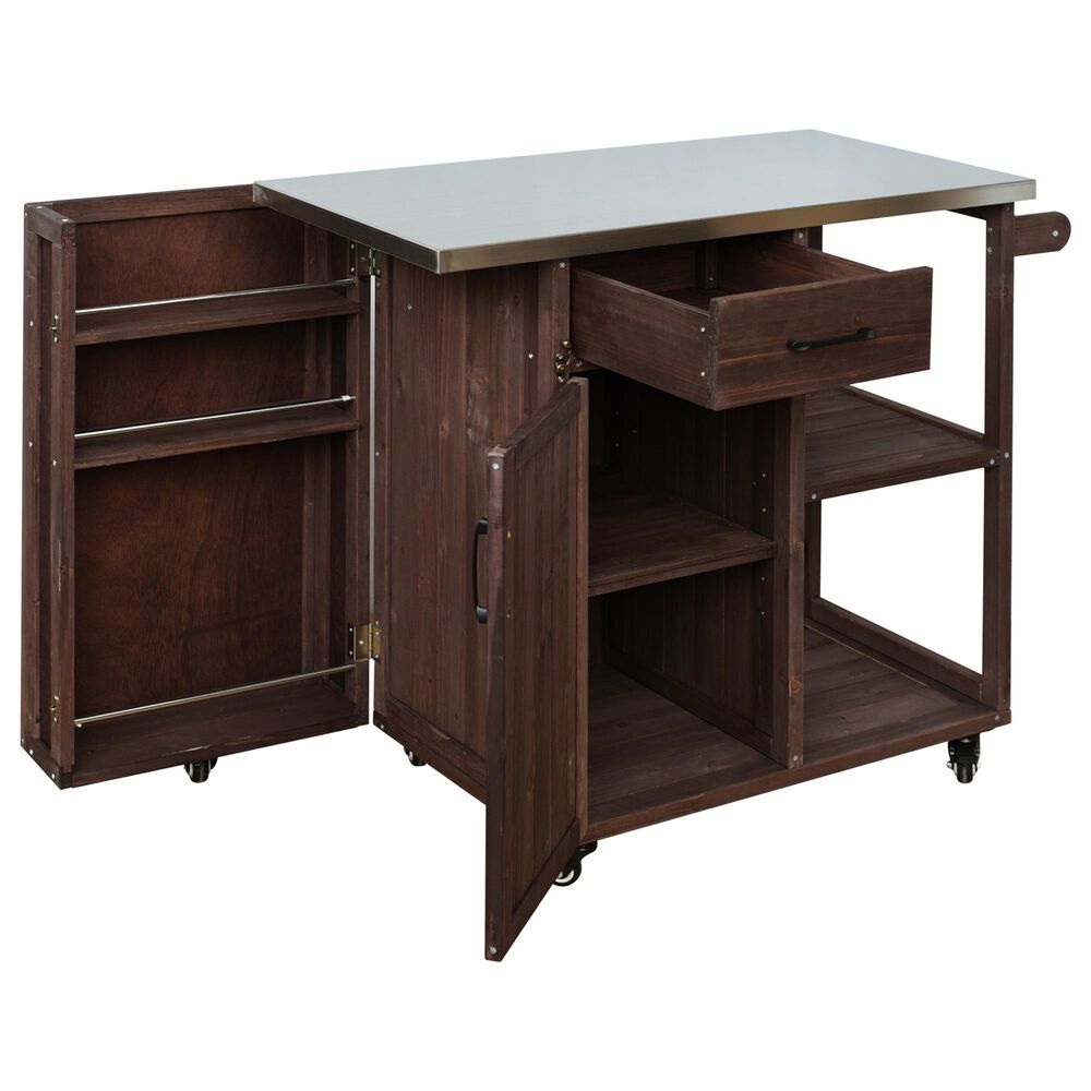 Hearth and Haven Outdoor Kitchen Island Cart with Stainless Steel Top, Towel and Spice Racks in Dark Brown, , large