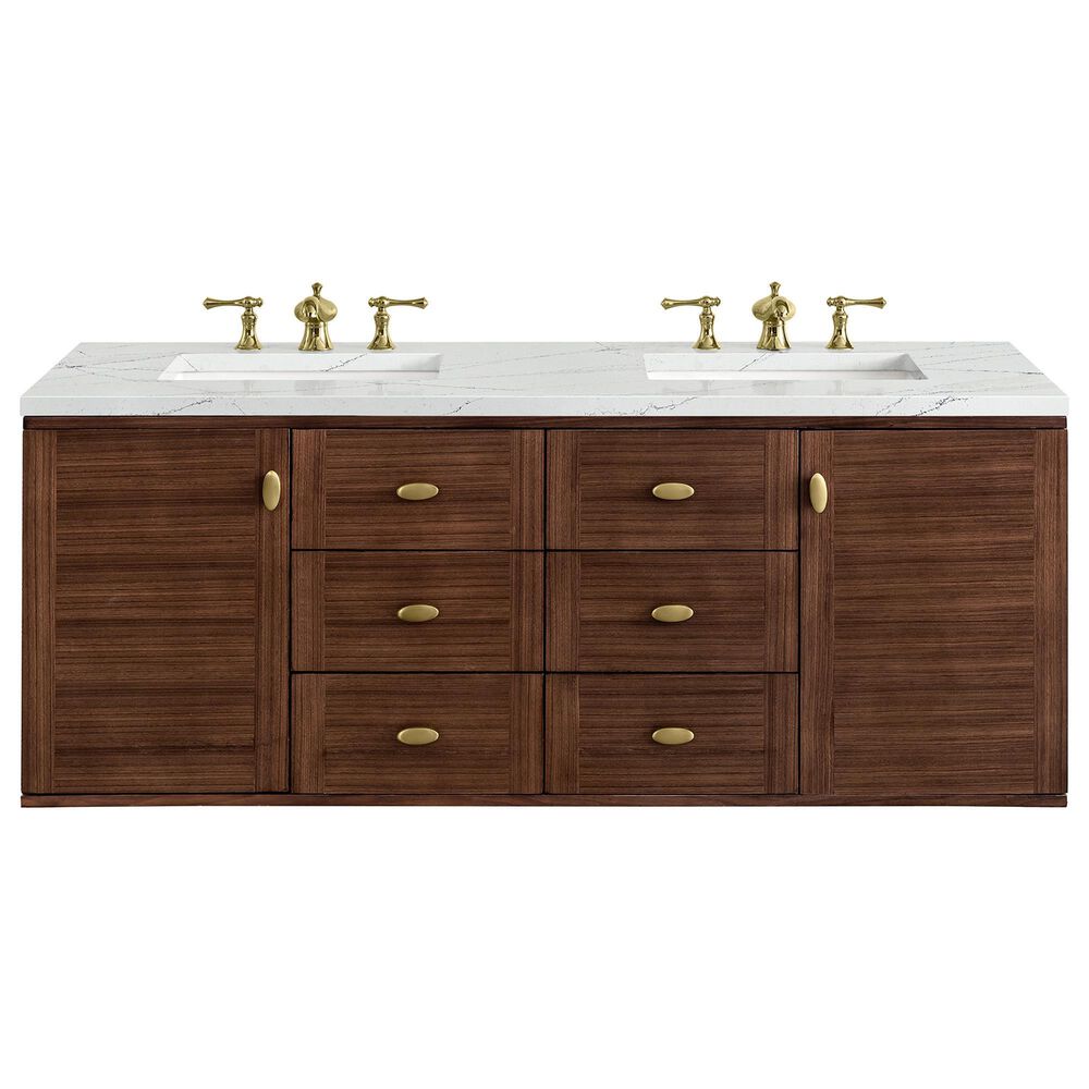James Martin Vanities Amberly 60&quot; Double Bathroom Vanity in Walnut with 3 cm Arctic Fall Solid Surface Top and Rectangular Sinks, , large