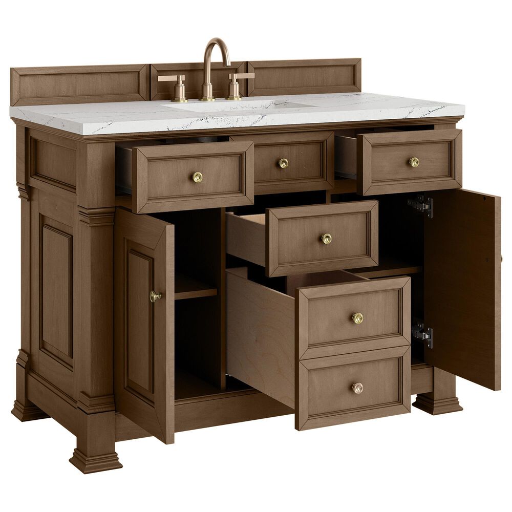 James Martin Vanities Brookfield 48" Single Bathroom Vanity in Pecan with 3 cm Ethereal Noctis Silestone Top, Rectangle Sink and FreePower Wireless Charger, , large