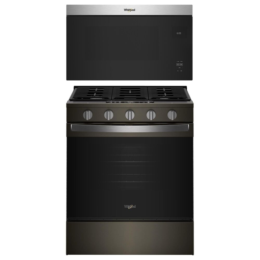 Whirlpool 2-Piece Kitchen Package with Black Stainless 5 Cu. Ft. Smart Gas Range and Fingerprint Resistant Stainless Steel 1.1 Cu. Ft. Flush Mount Microwave, , large