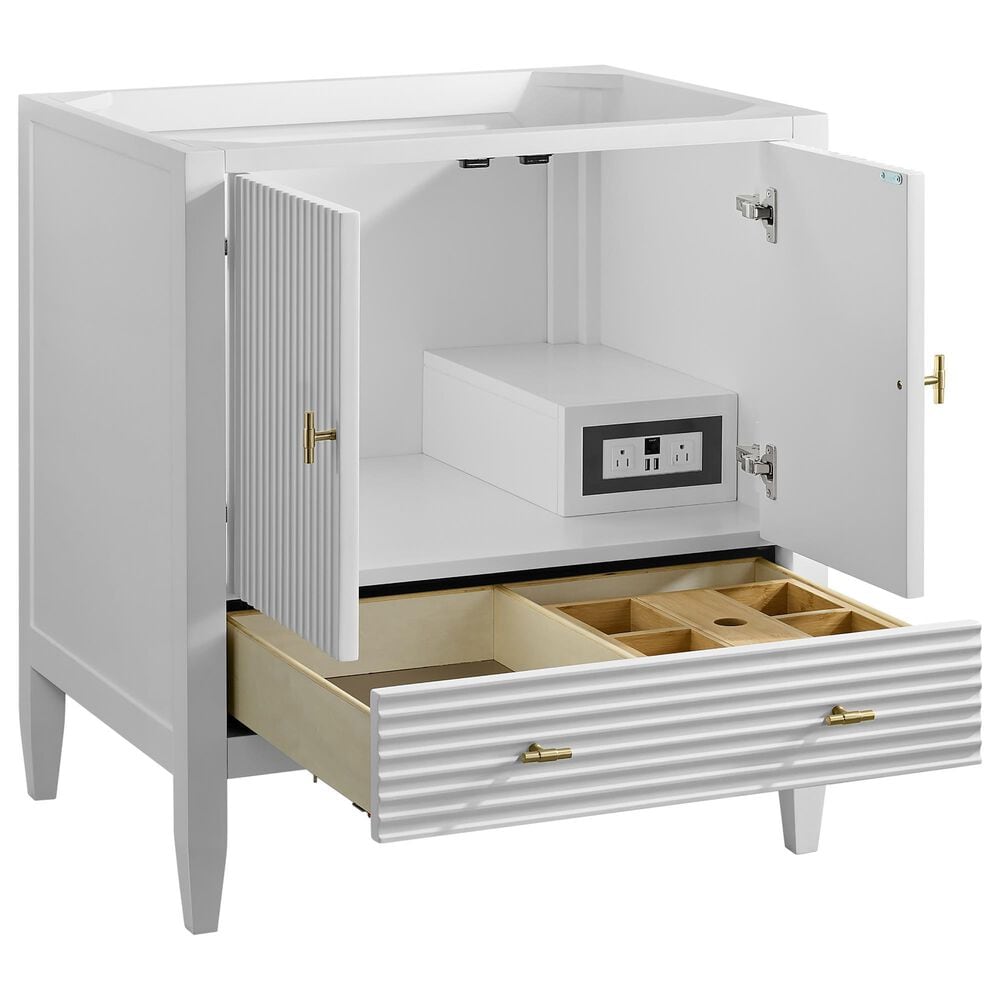 James Martin Myrrin 30" Single Bathroom Vanity in Bright White with 3 cm Victorian Silver Silestone Top and Rectangular Sink, , large