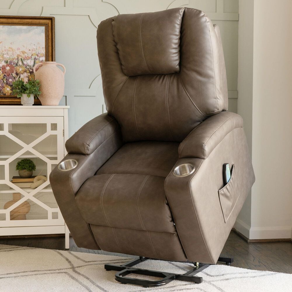 Linon Home Decor Peoria Power Lift Recliner in Mushroom, , large