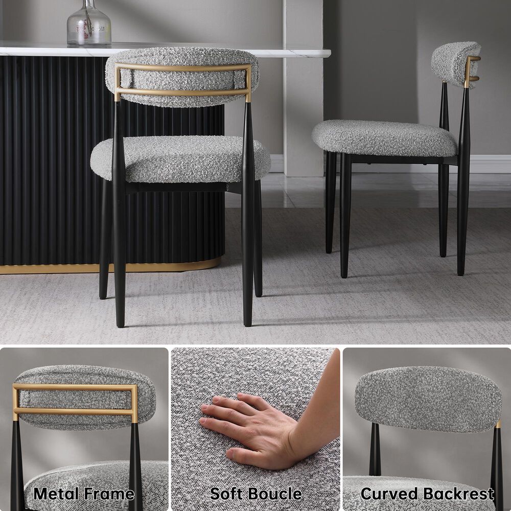 Morden Fort Modern Boucle Side Chair with Grey Cushion in Black and Gold (Set of 6), , large