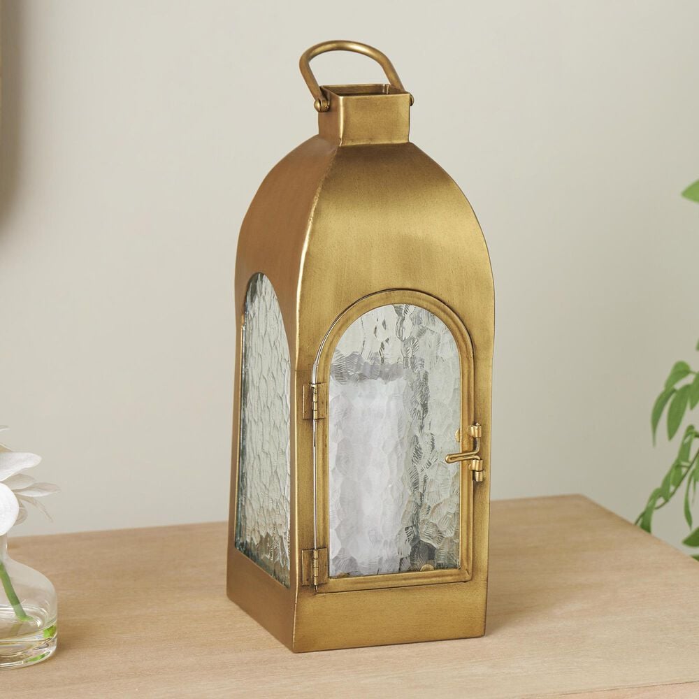 Maple and Jade 18&quot; Indoor/Outdoor Candle Lantern with Top Handle in Matte Gold and Clear, , large
