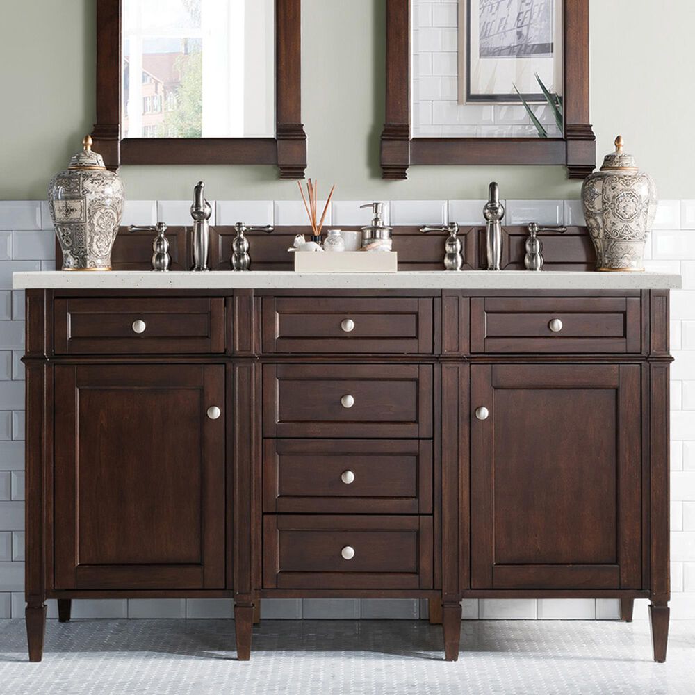 James Martin Vanities Brittany 60&quot; Double Bathroom Vanity in Burnished Mahogany with 3 cm Lime Delight Quartz Top and Rectangular Sinks, , large