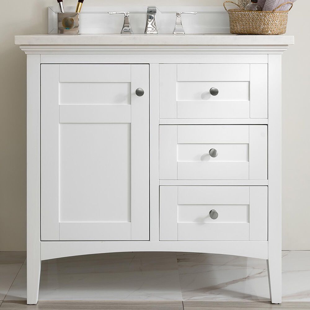 James Martin Vanities Palisades 36&quot; Single Bathroom Vanity in Bright White with 3 cm Arctic Fall Solid Surface Top and Rectangular Sink, , large