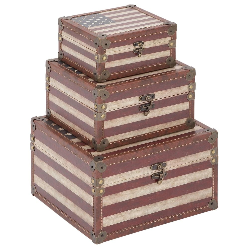 Maple and Jade Square Wood Box in Brown, Red, Blue, White and Bronze (Set of 3), , large