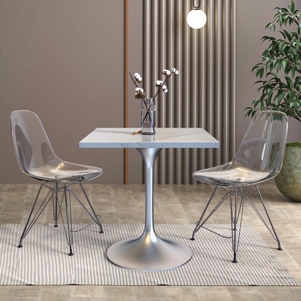 Leisuremod LeisureMod Verve Collection 27 Square Dining Table, Brushed Base with Laminated White Marbleized Top, , large