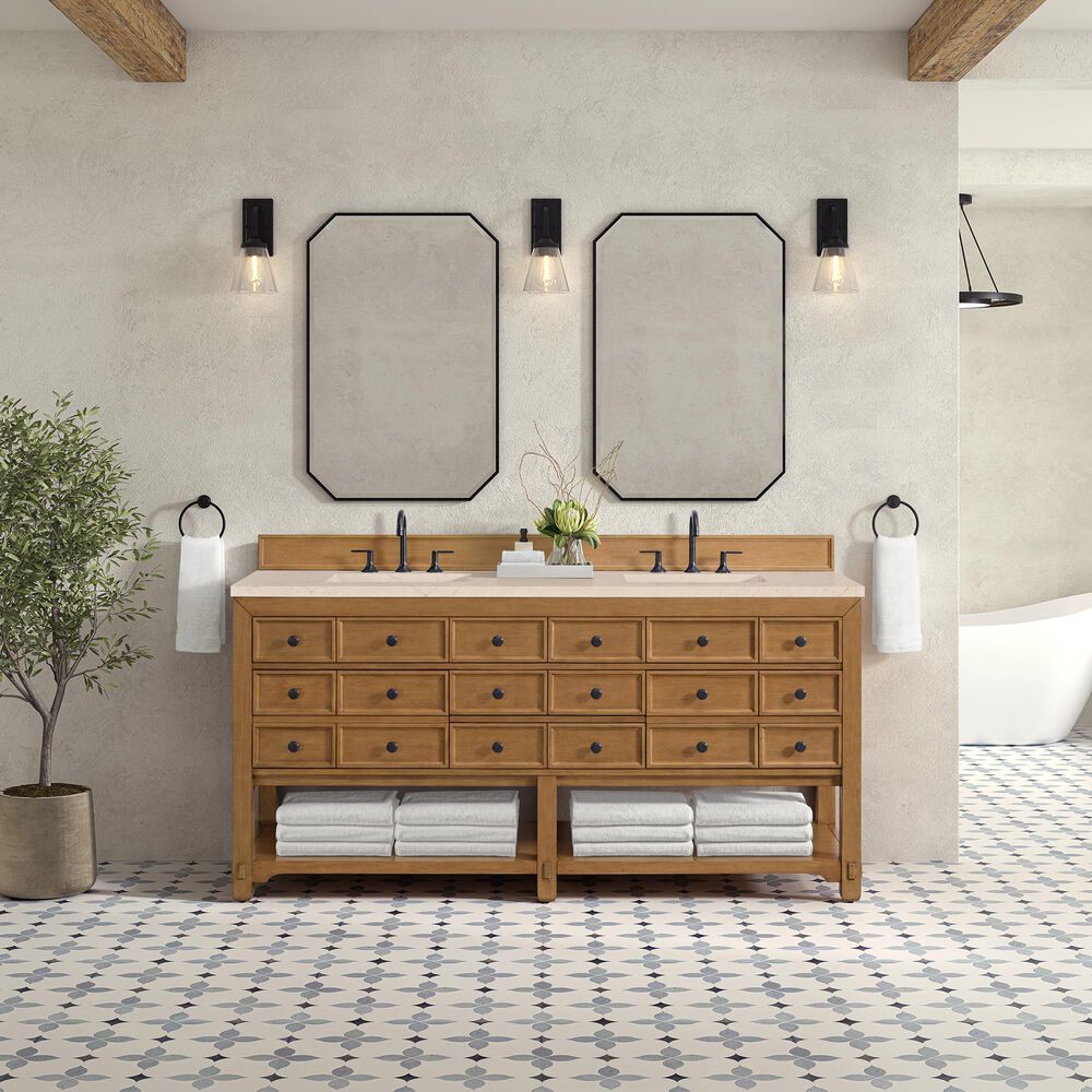 James Martin Vanities Malibu 72&quot; Double Bathroom Vanity in Amber Birch with 3 cm Eternal Marfil Quartz Top and Rectangular Sinks, , large