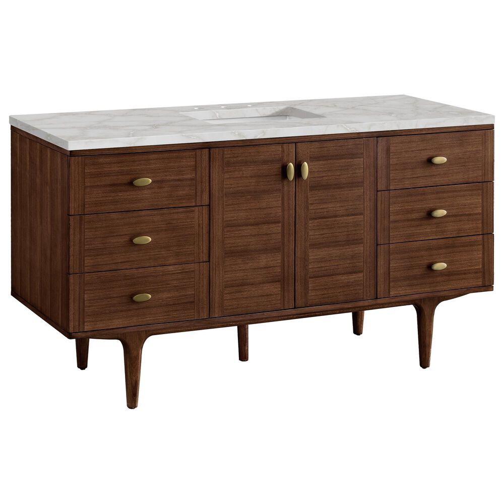 James Martin Vanities Amberly 60" Single Bathroom Vanity in Mid-Century Walnut with 3 cm Eternal Jasmine Pearl Silestone Top, Rectangular Sink and FreePower Wireless Charger, , large