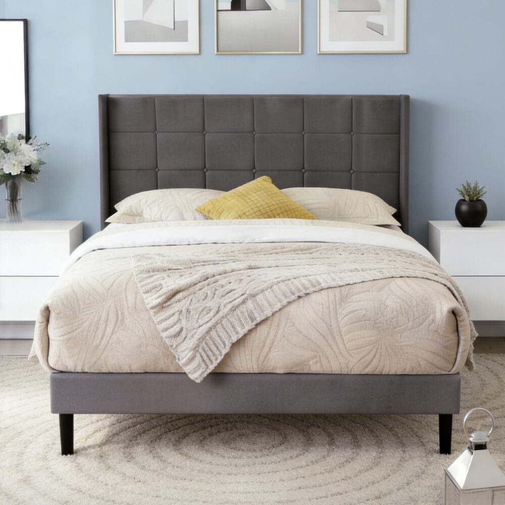 HOMLUX Full Upholstered Platform Bed Frame with Tufted Headboard in Dark Gray, , large