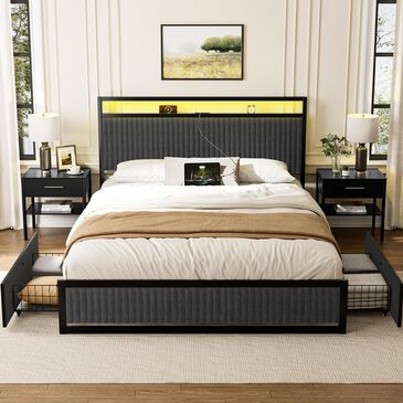 HOMLUX 2-Drawer Full Storage Bed with LED Headboard and USB Ports in Gray, , large