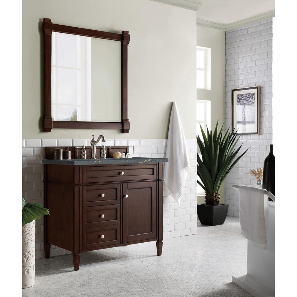 James Martin Vanities Brittany 36&quot; Single Bathroom Vanity in Burnished Mahogany with 3 cm Parisien Bleu Quartz Top and Rectangular Sink, , large