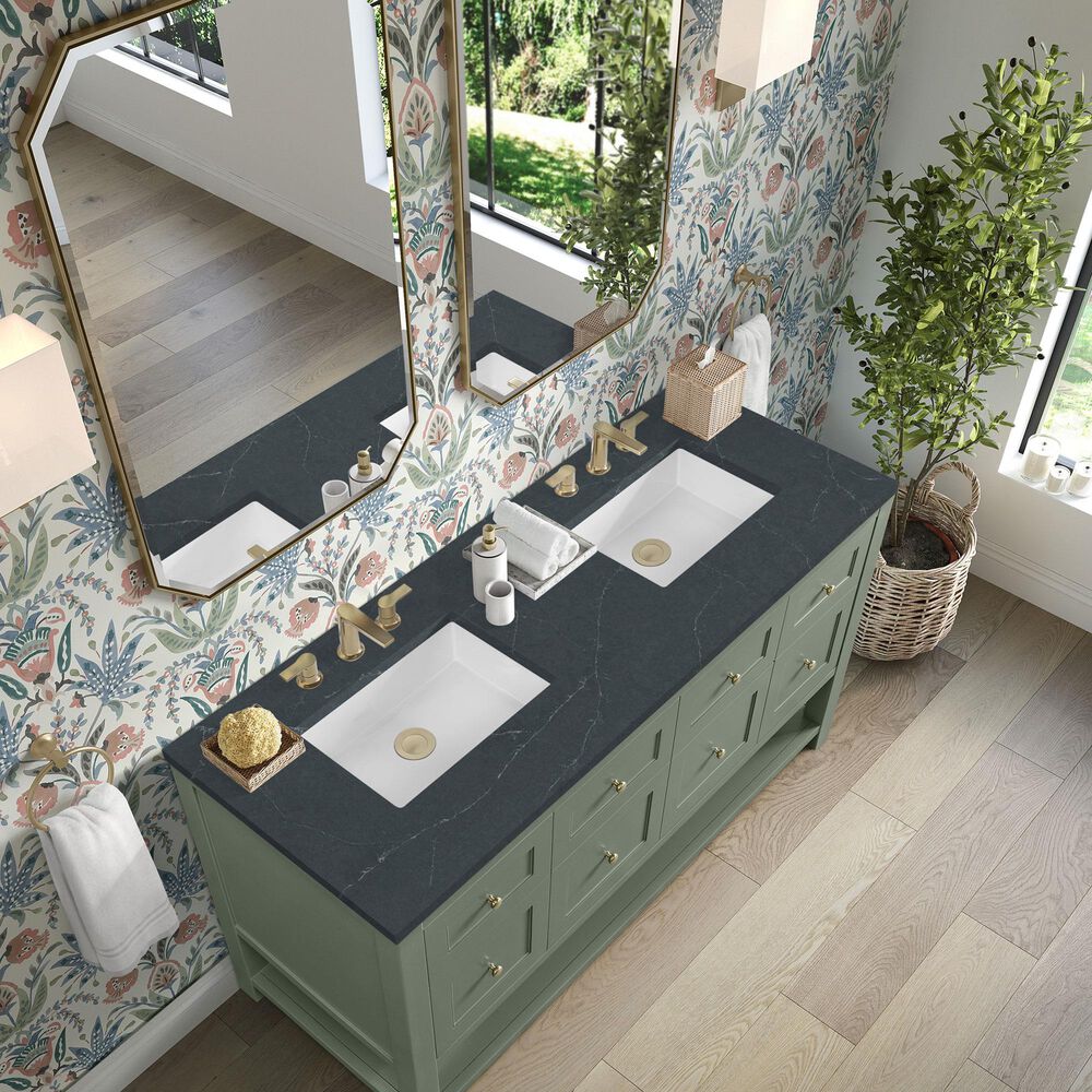 James Martin Vanities Breckenridge 60&quot; Double Bathroom Vanity in Smokey Celadon with 3 cm Charcoal Soapstone Quartz Top and Rectangular Sinks, , large