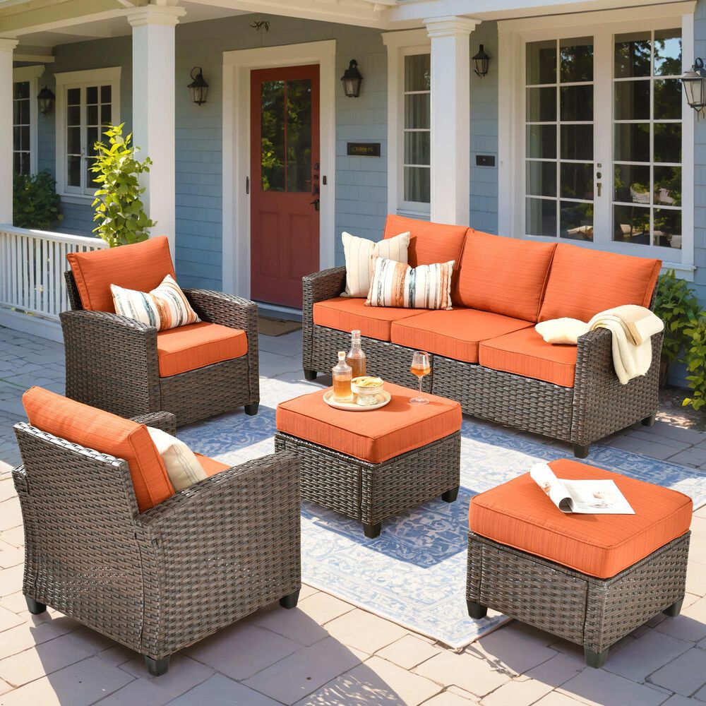 HOMLUX 5-Piece Patio Conversation Set with Brown Wicker in Orange Red, , large