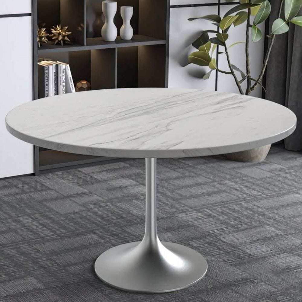 Leisuremod LeisureMod Verve Collection 48 Round Dining Table, Brushed Chrome Base with Laminated White Marbleized Top, , large