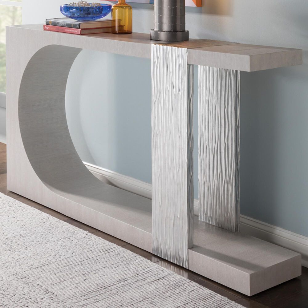 Artistica Metal Sereno Long Console Table in Misty White Gray Oak and Silver Leaf, , large