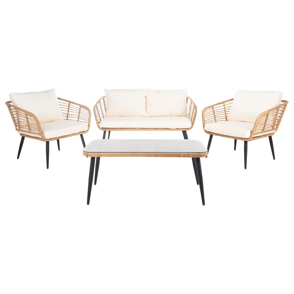 Safavieh Henderson 4-Piece Patio Living Set with White Cushion in Natural and Black, , large