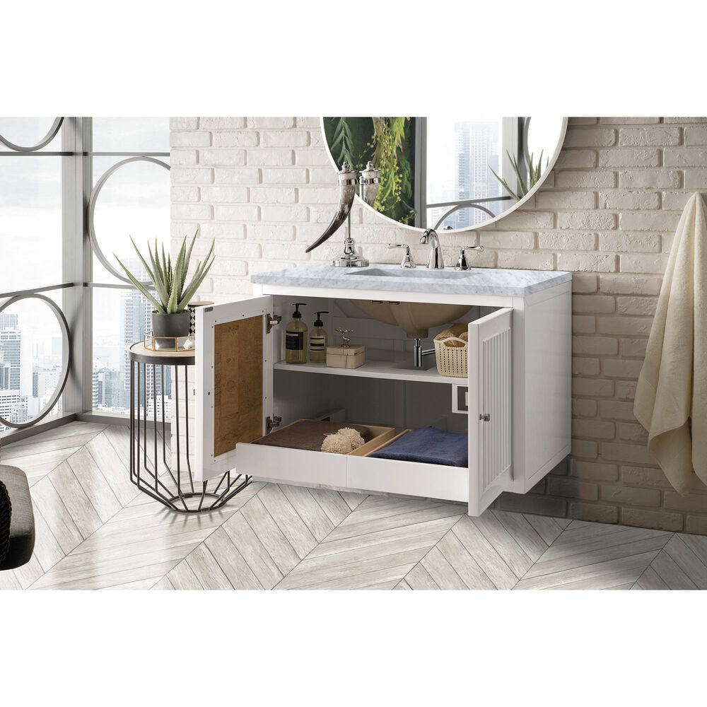 James Martin Vanities Athens 36&quot; Single Bathroom Vanity in Glossy White with 3 cm Carrara White Marble Top and Rectangular Sink, , large