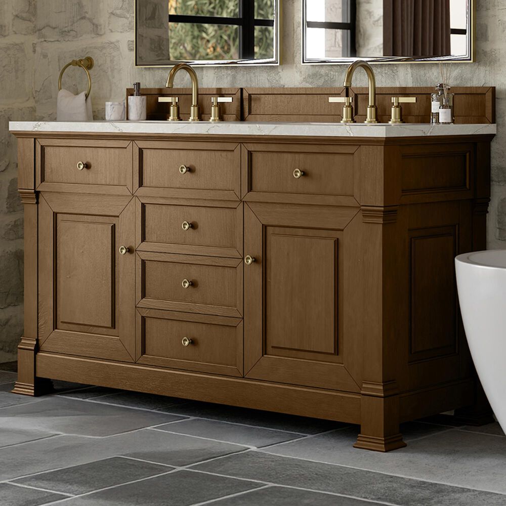 James Martin Vanities Brookfield 60" Double Bathroom Vanity in Honey Oak with 3 cm Eternal Jasmine Pearl Silestone Top, Rectangular Sinks and FreePower Wireless Charger, , large