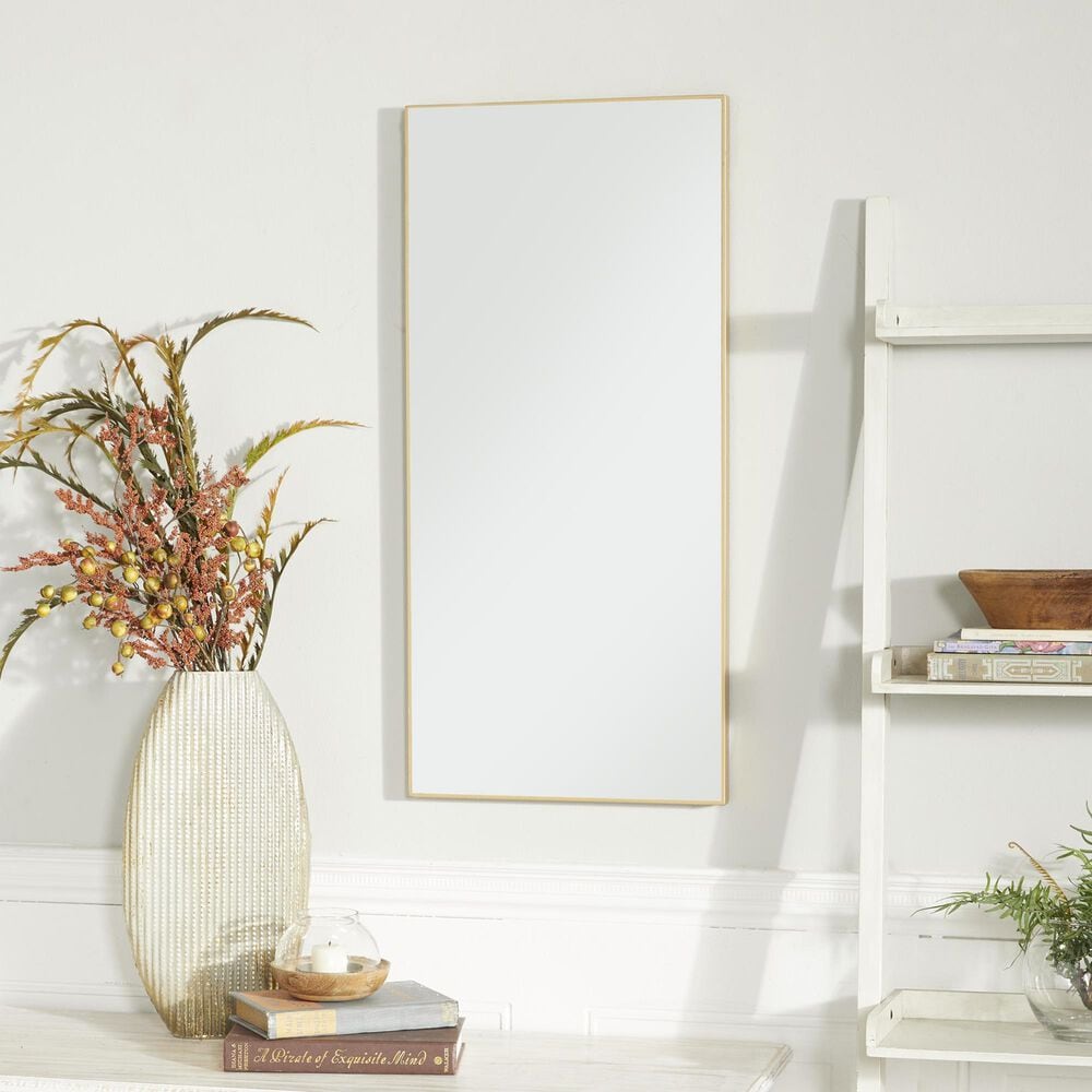 Maple and Jade 30&quot; x 14&quot; Rectangular Wood Wall Mirror with Thin Frame in Matte Gold, , large