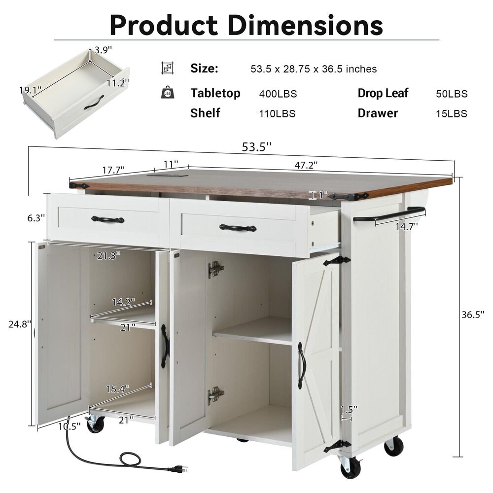 HOMLUX 53.5''Farmhouse Kitchen Island in White, , large