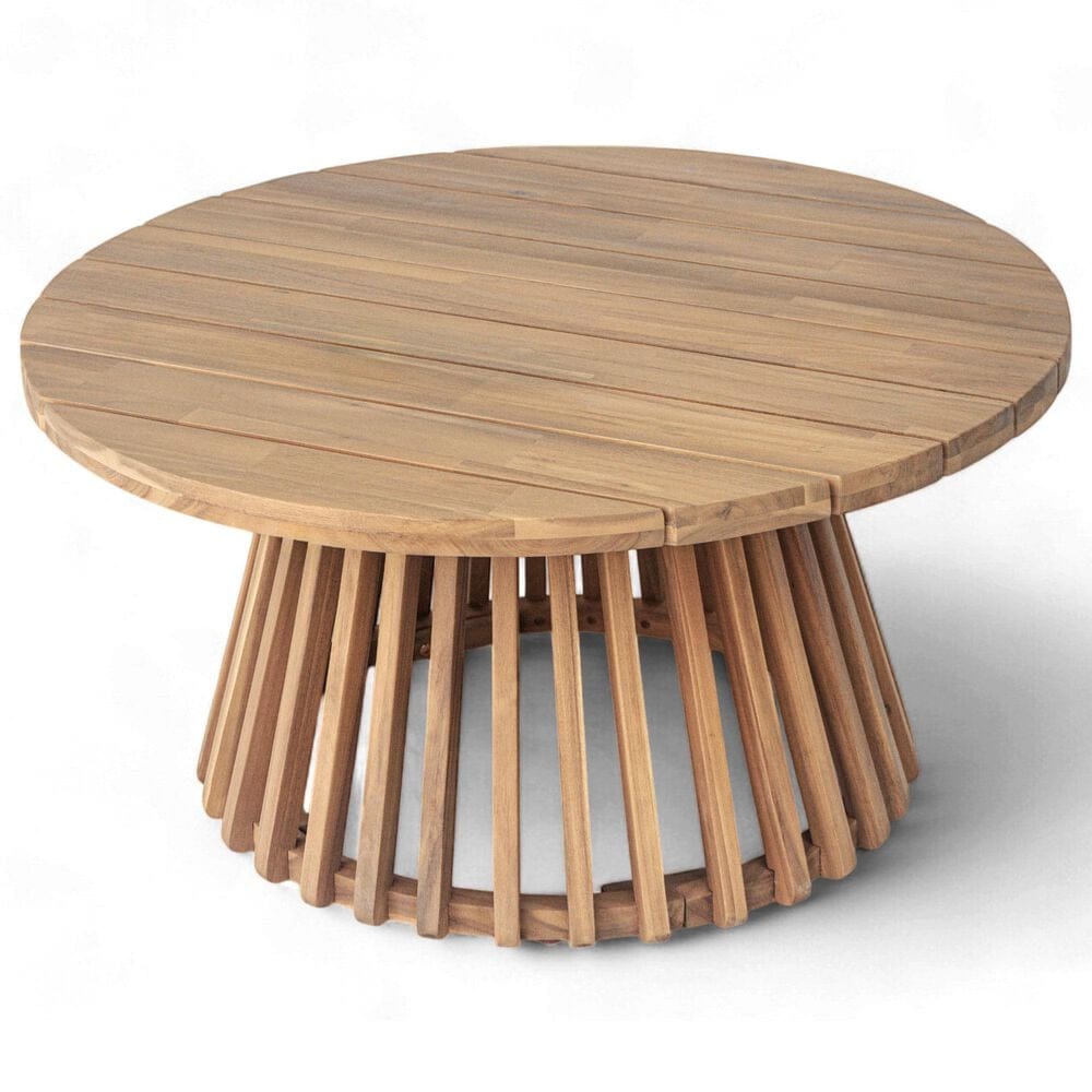 Hearth and Haven Outdoor Round Coffee Table with Slatted Base in Light Teak, , large