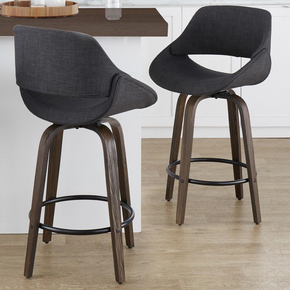 LumiSource Fabrico 26" Swivel Fixed-Height Counter Stool with Charcoal Fabric Upholstery in Black and Glazed Walnut (Set of 2), , large