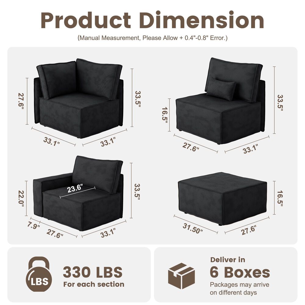 HOMLUX 6-Piece Sectional Sofa in Black, , large