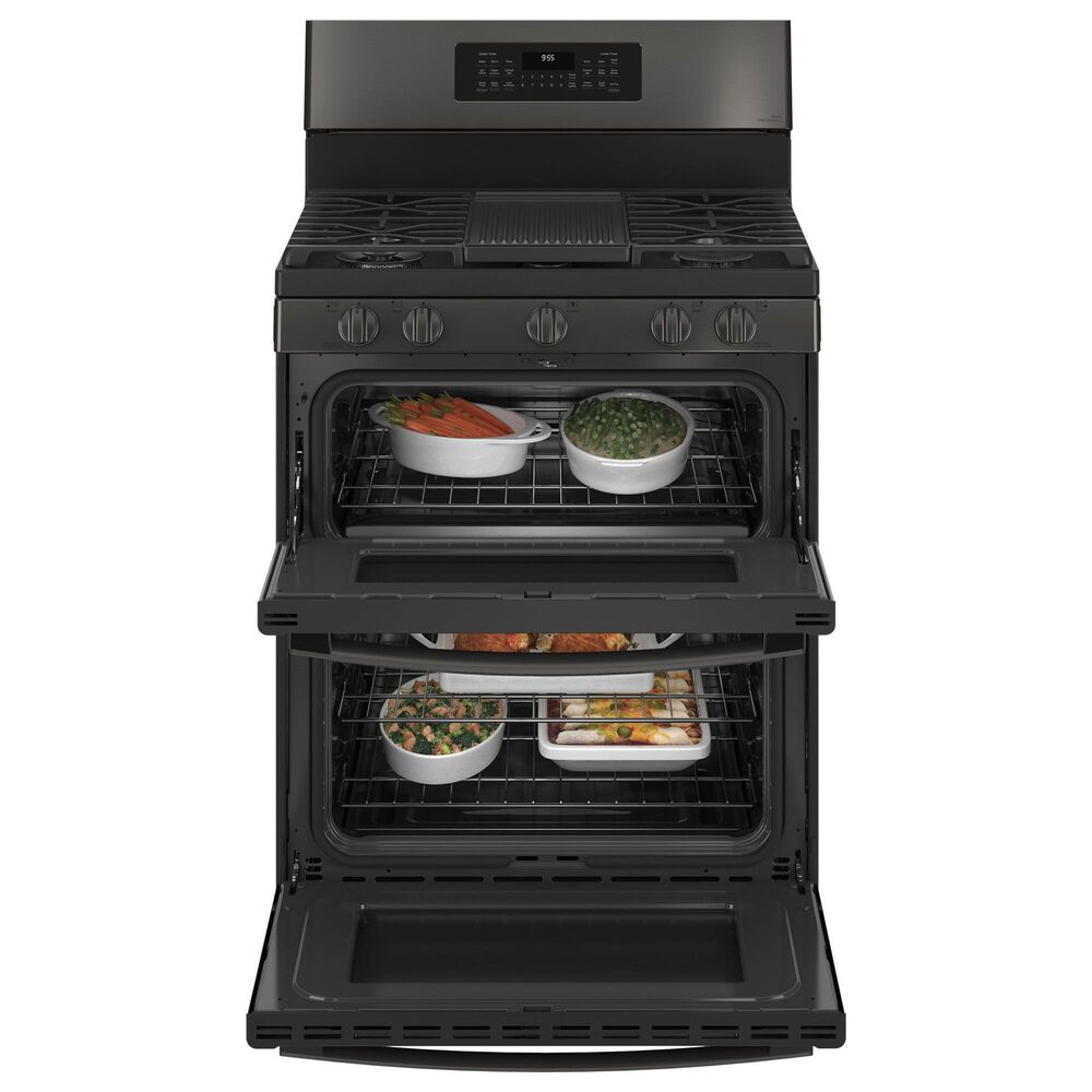 GE Profile Profile 2-Piece Kitchen Packages with 30&quot; Gas Double Oven Range and 1.7 Cu. Ft. Over-the-Range Microwave Oven in Fingerprint Resistant Black Stainless Steel, , large