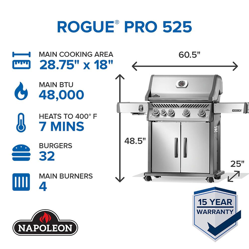 Napoleon Rogue PRO 525 SIB Propane Gas Grill in Stainless Steel, , large