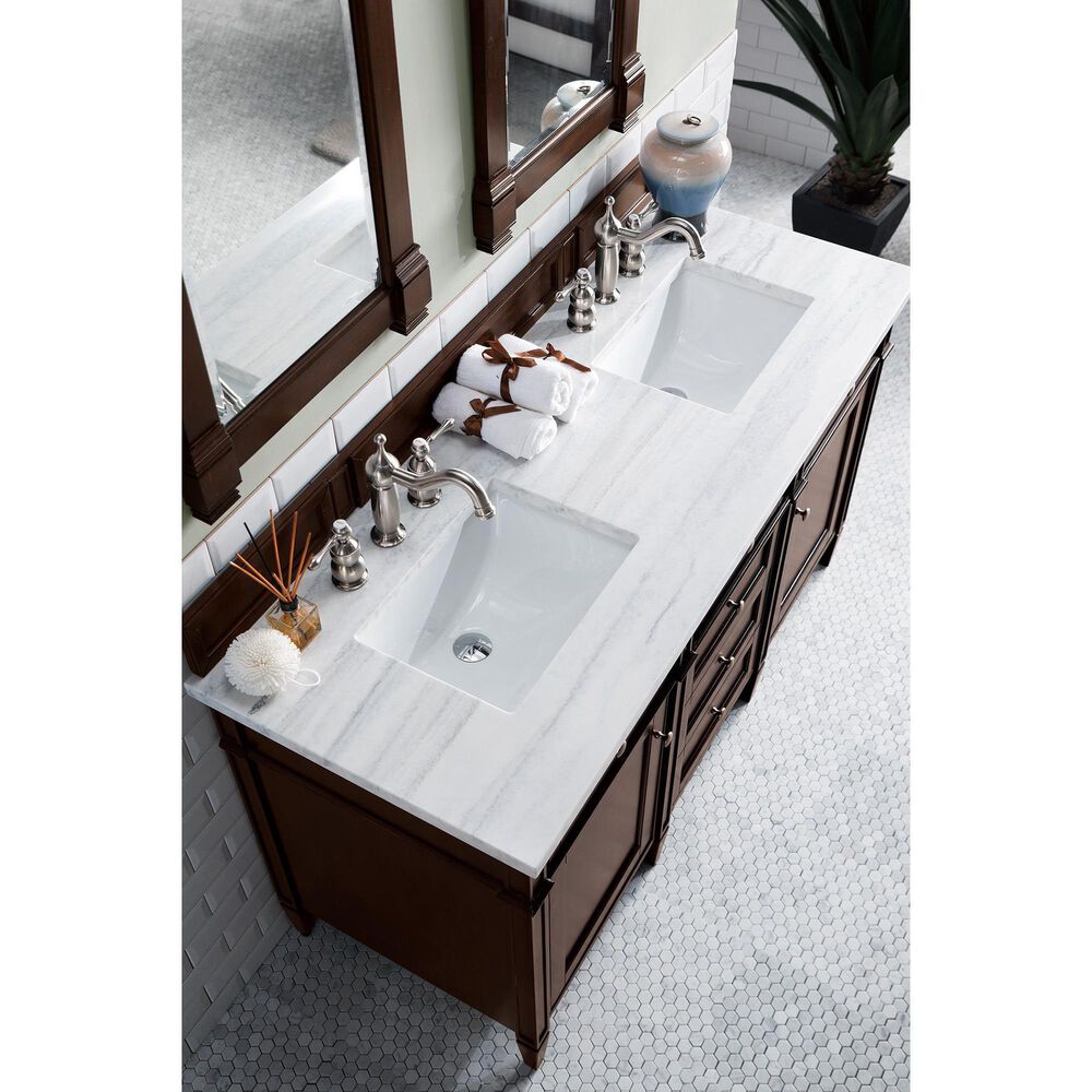James Martin Vanities Brittany 60&quot; Double Bathroom Vanity in Burnished Mahogany with 3 cm Arctic Fall Solid Surface Top, , large
