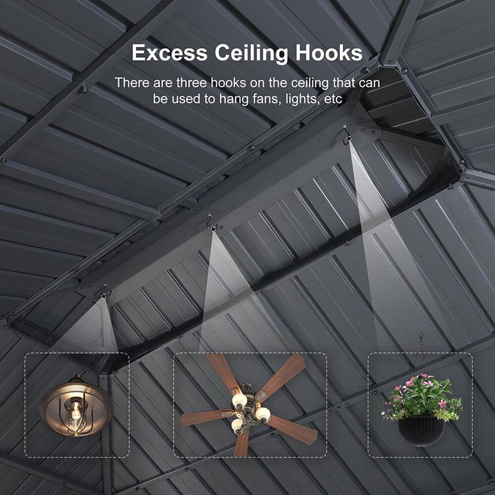 HOMLUX 8' x 8' Outdoor Hardtop Gazebo with Galvanised Steel Roof, Netting, and Curtains in Grey, , large