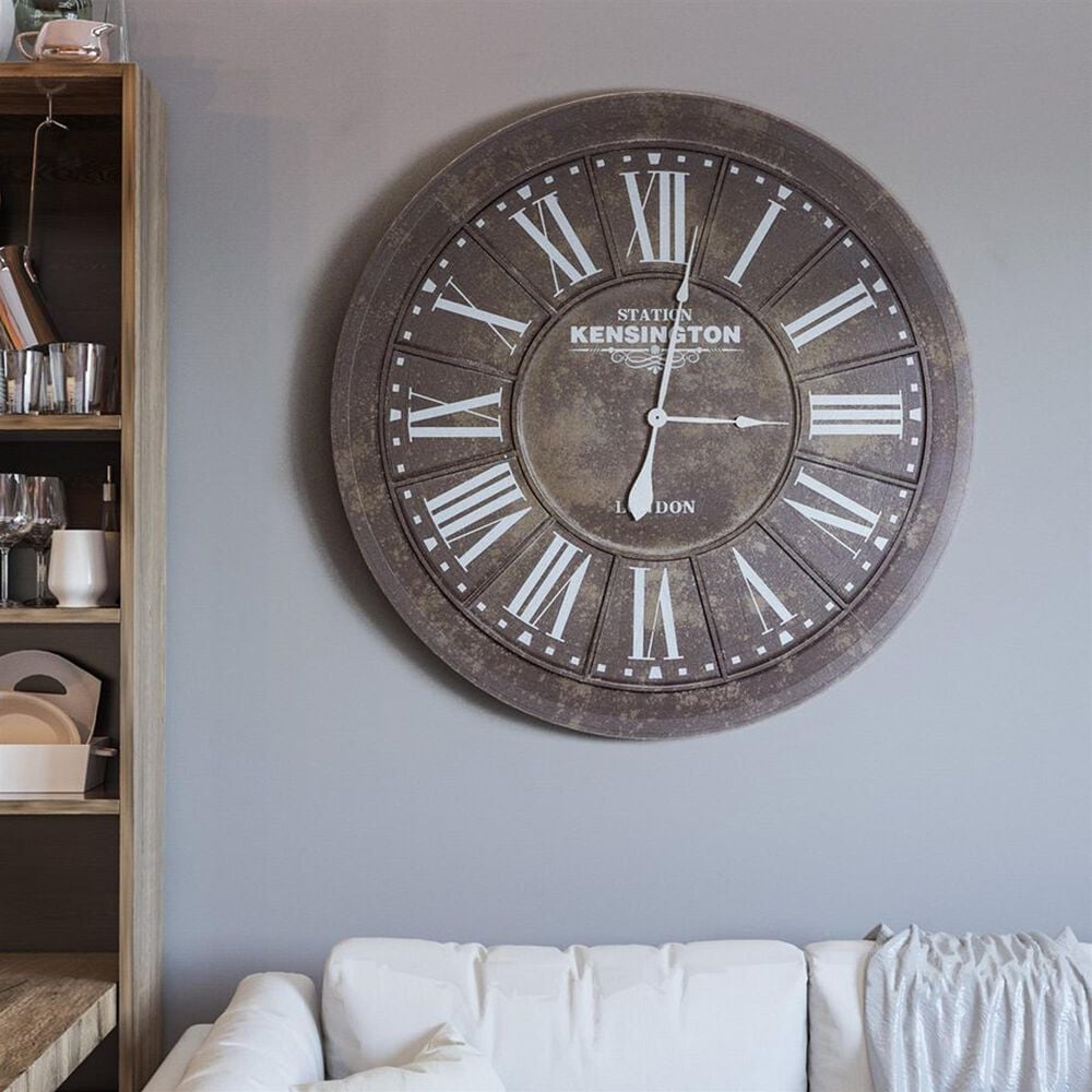 Yosemite Home Decor Iron Circular Wall Clock in Distressed Brown and White, , large