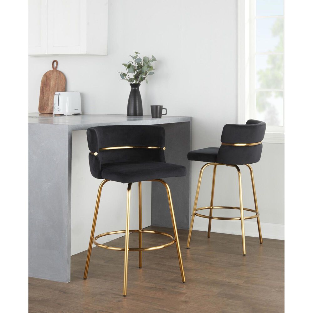 LumiSource Cinch 26" Swivel Counter Stool with Black Upholstery in Gold (Set of 2), , large