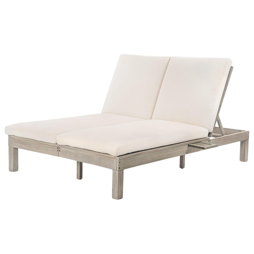HOMLUX Patio 2-Person Chaise Lounge with Folding Side Tables and Gray Frame in Beige, , large