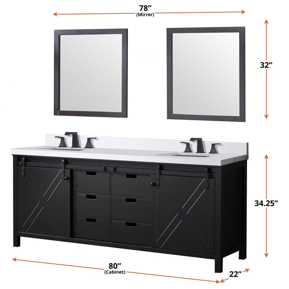 Lexora Home Marsyas 80&quot; Double Bathroom Vanity in Brown with White Quartz Top and Rectangular Sinks, , large