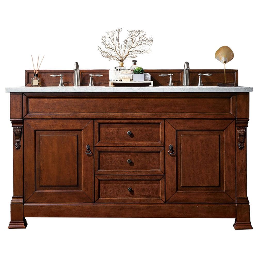 James Martin Vanities Brookfield 60" Double Bathroom Vanity in Warm Cherry with 3 cm Eternal Jasmine Pearl Quartz Top and Rectangle Sinks, , large