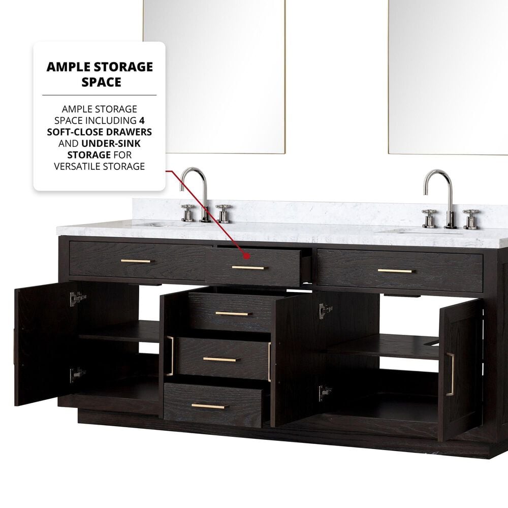 Lexora Home Abbey 84&quot; Double Bathroom Vanity in Black Oak with 2 cm White Carrara Marble Top and Rectangular Sinks, , large