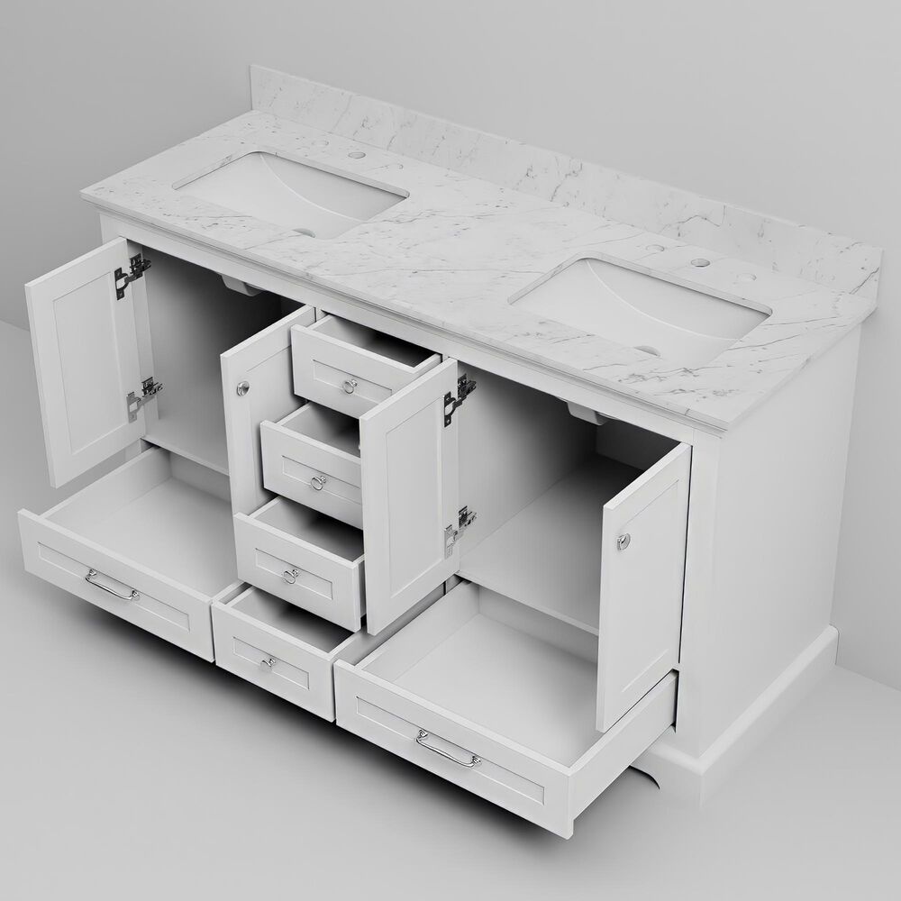 Lexora Home Dukes 60&quot; Double Bathroom Vanity in White with 2 cm White Carrara Marble Top and Rectangular Sinks, , large