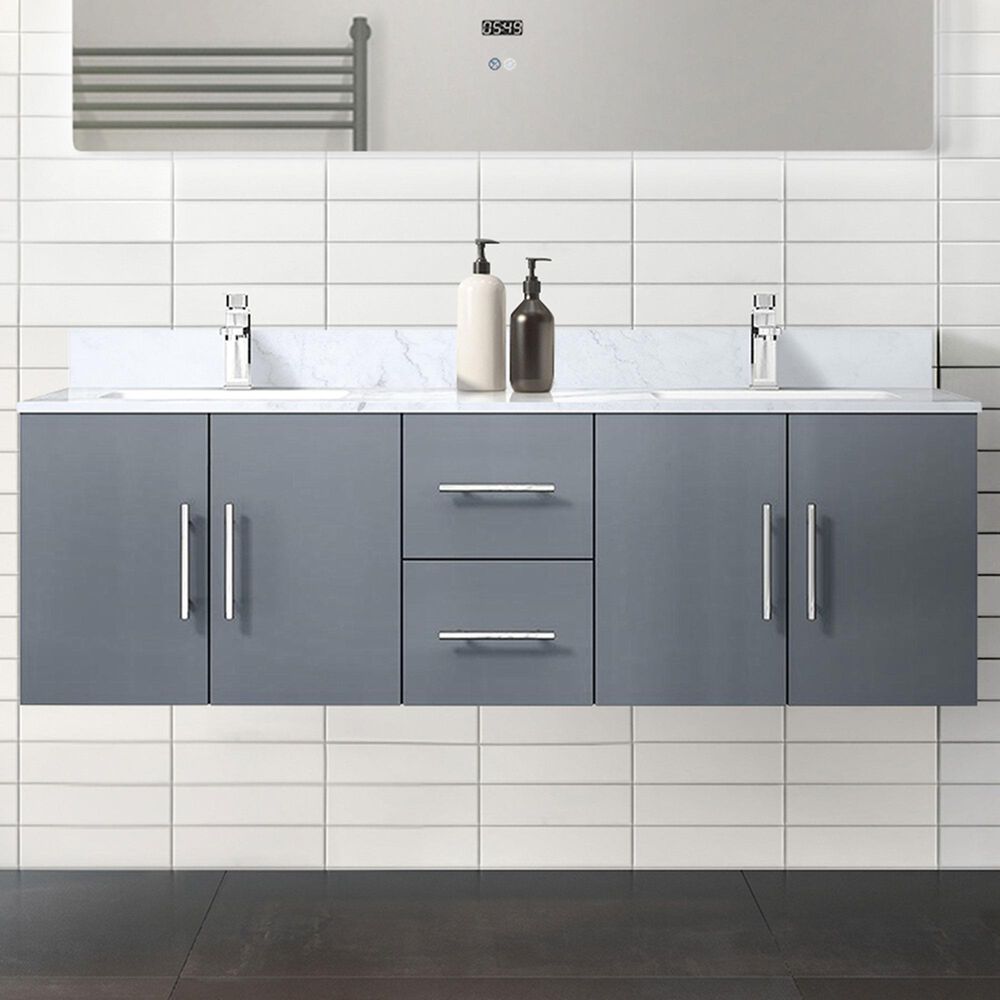 Lexora Home Geneva 60&quot; Double Bathroom Vanity in Dark Grey with 2 cm White Carrara Marble Top and Rectangular Sinks, , large