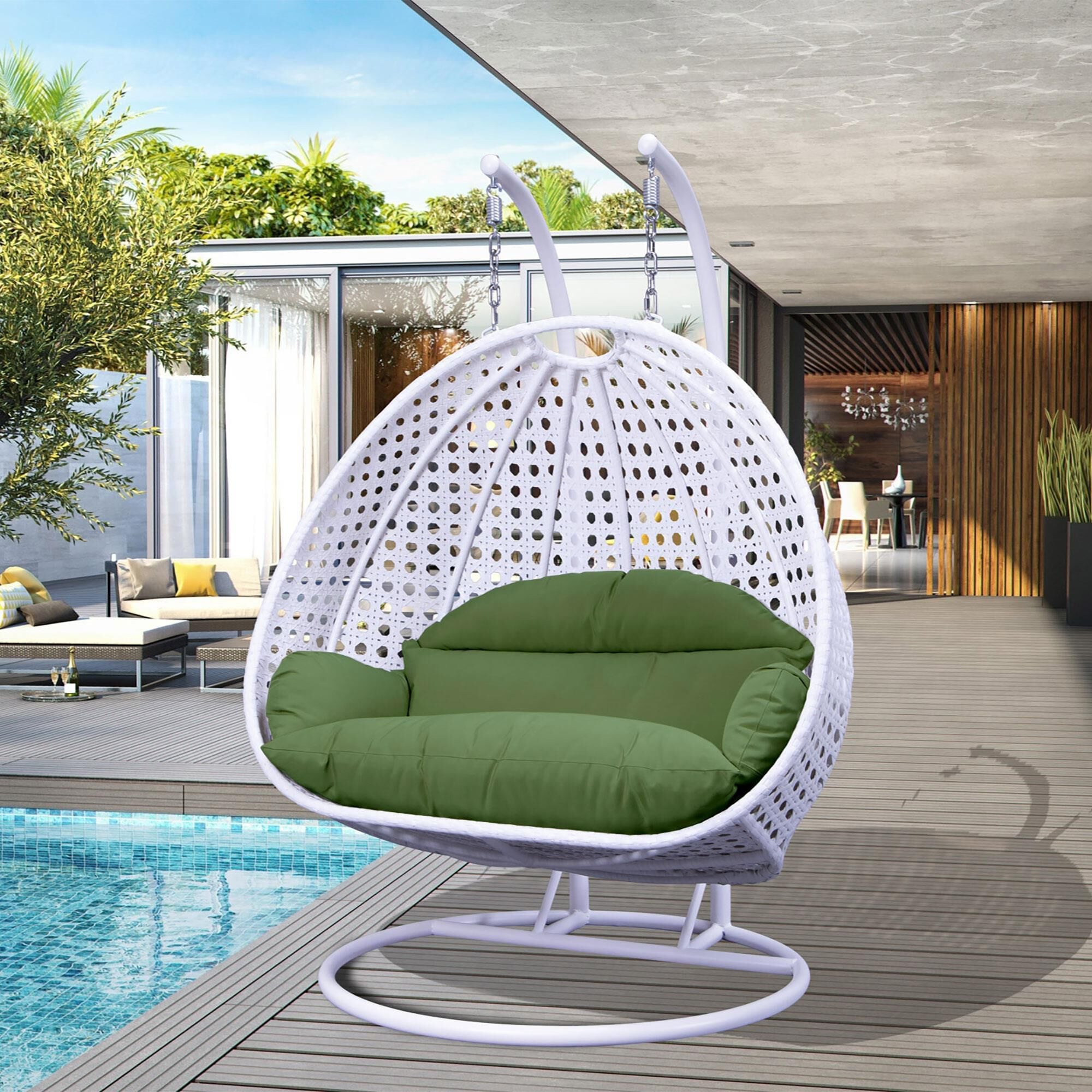 Leisuremod 2 Seat Hanging Egg Swing Chair with Dark Green Cushion