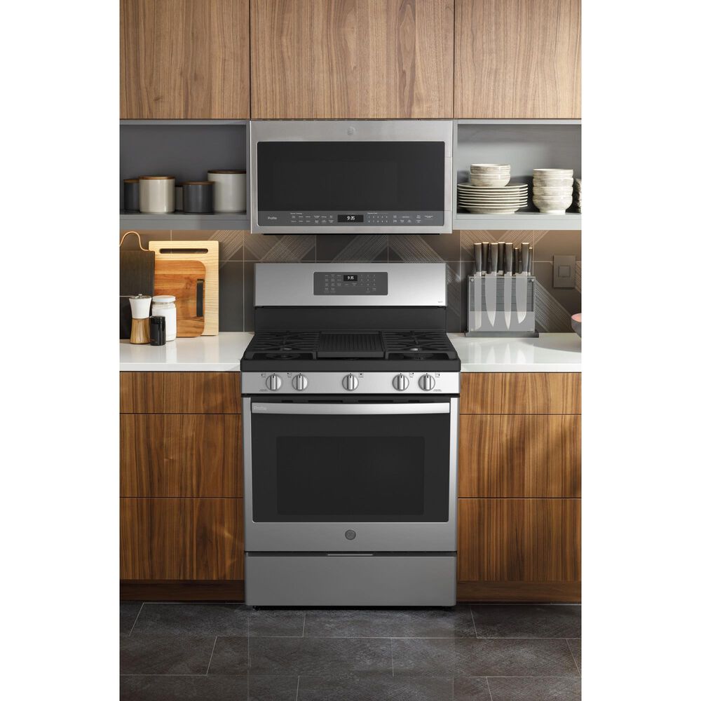 GE Profile 5.6 Cu. Ft. Smart Free-Standing Gas Range and 2.1 Cu. Ft.  Over-the-Range Sensor Microwave Oven in Fingerprint Resistant Stainless  Steel