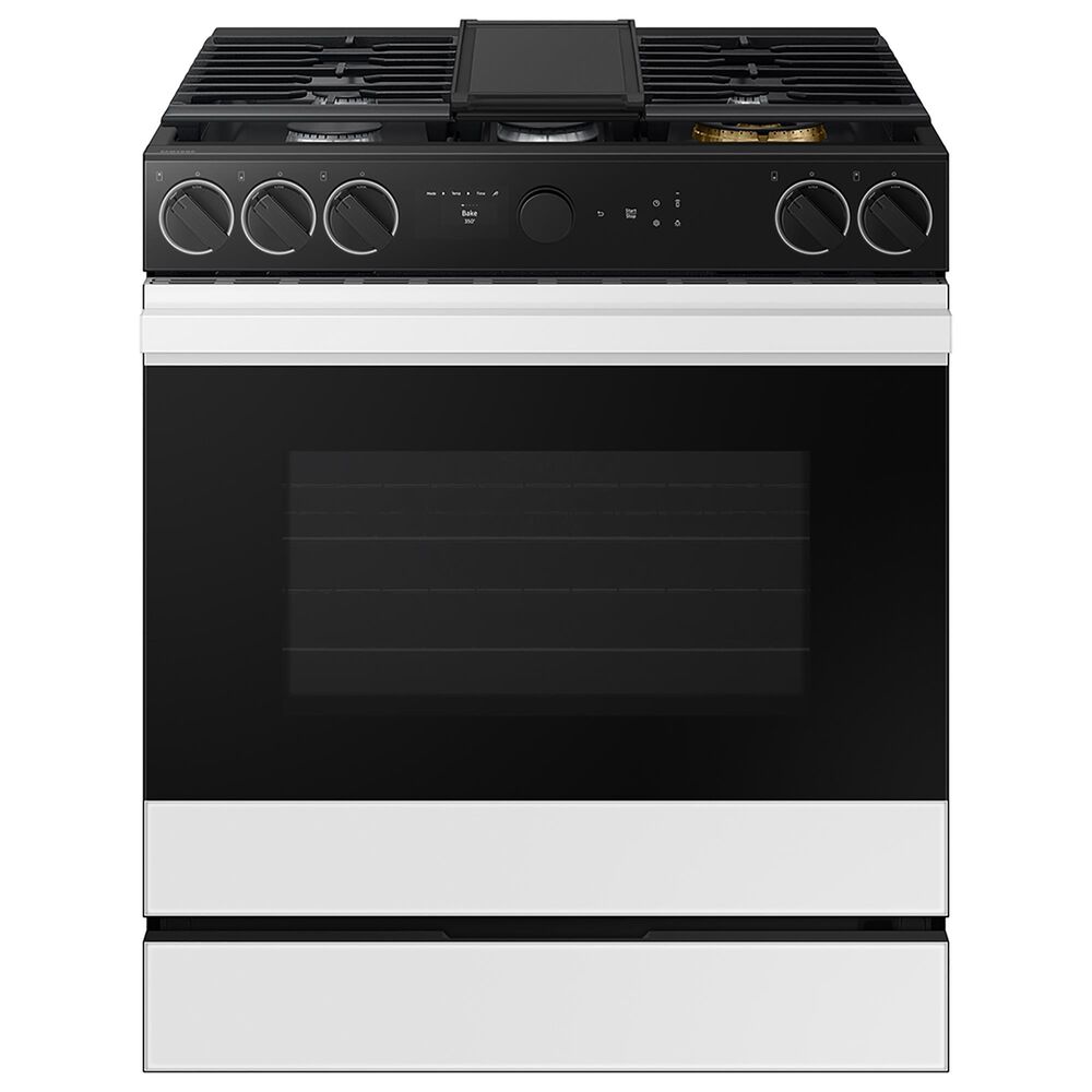 Samsung Bespoke 2-Piece Kitchen Package with 2.1 Cu. Ft. Over-The-Range Microwave and 6 Cu. Ft. Slide In Gas Range in White Glass, , large